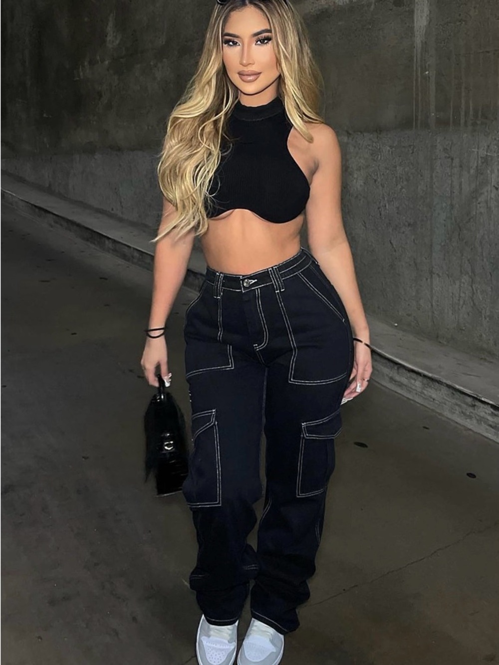 Fashion Nova Black Boyfriend Cargo Jeans with White Stitching